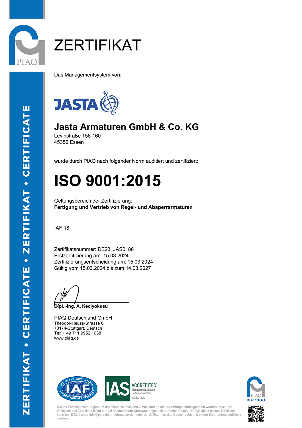 DE23_JAS0186a - Jasta Armaturen Certificate-like document showing ISO 9001:2015 certification for Jasta Armaturen GmbH & Co. KG, issued by PIAQ/PIQ Deutschland with address and signature area.