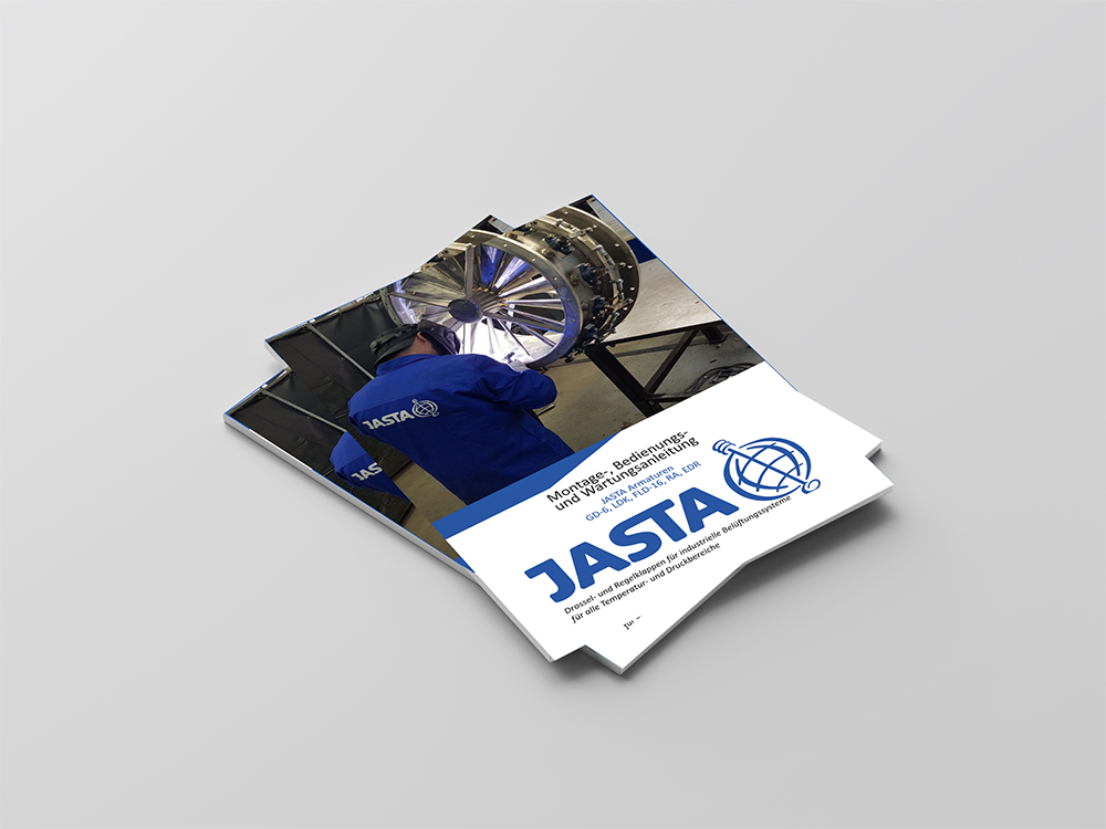 Jasta_Anleitung_Mockup - Jasta Armaturen Front cover of a JASTA brochure showing a technician in a blue uniform working on a large turbine or rotor system, with the JASTA logo visible on the page.
